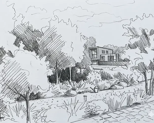 Black and white 3D rendered view from a SketchUp model created for a client by Hortus Viridis