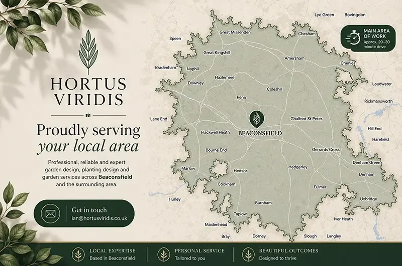 Hortus Viridis | Map showing our local area catchment. Main area of work, in an approximate 20-30 minute drive time from our base in HP9.