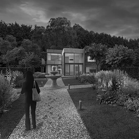 Black and white 3D render example - formal garden, Buckinghamshire.