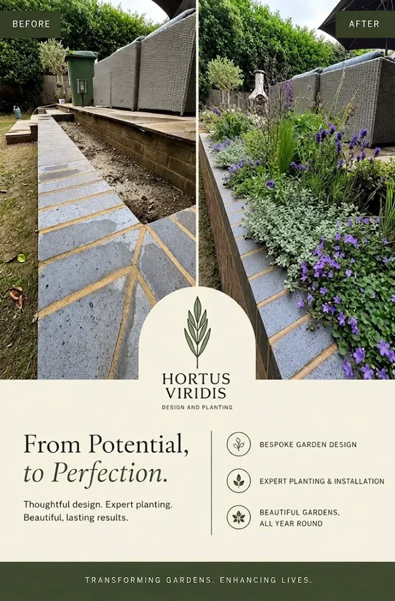 From Potential to Perfection - Before and After Promotional Flyer from Hortus Viridis of our Work in Beaconsfield Buckinghamshire.