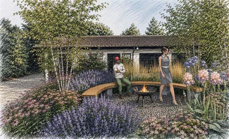 Fire Pit Design A rendered SketchUp model created by Hortus Viridis as part of a pitch for a firepit area in a large house in Bourne End, (SL8)